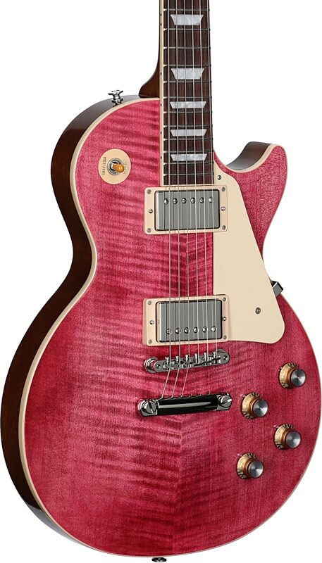 open zoom image for Gibson Les Paul Standard 60s Custom Color Electric Guitar, Figured Top (with Case), Transparent Fuchsia, Full Left Front