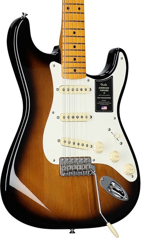 open zoom image for Fender American Vintage II 1957 Stratocaster Electric Guitar, with Maple Fingerboard (and Case), 2-Color Sunburst, Full Left Front