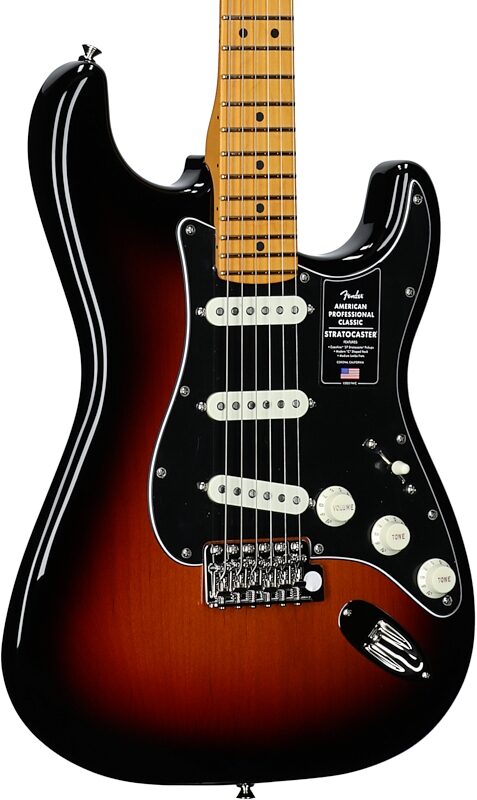 open zoom image for Fender American Professional Classic Stratocaster Electric Guitar, Maple Fingerboard (with Gig Bag), 3-Color Sunburst, Full Left Front