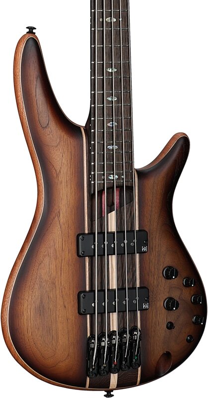 open zoom image for Ibanez SR1355B Premium Electric Bass (with Gig Bag), Dual Mocha Burl, Full Left Front