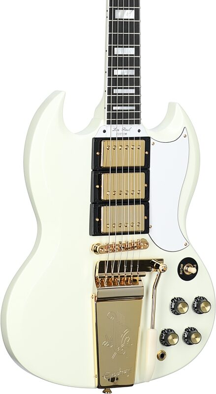 open zoom image for Epiphone 1963 Les Paul SG Custom with Maestro Vibrola (with Case), Classic White, Full Left Front