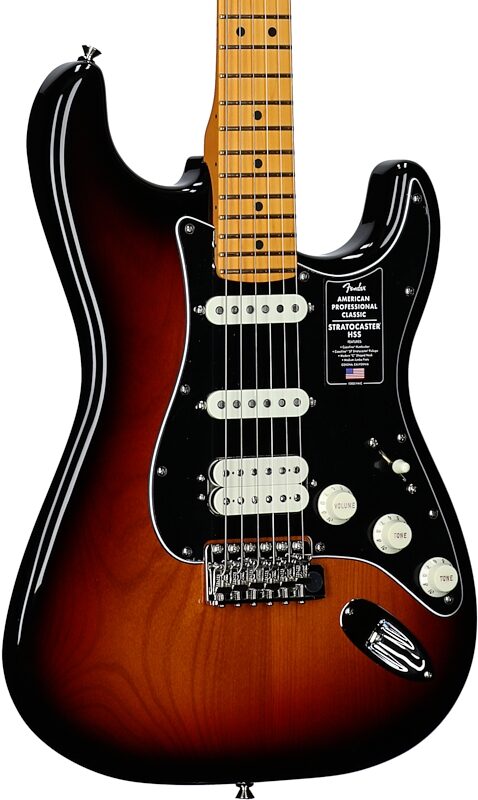 open zoom image for Fender American Professional Classic Stratocaster HSS Electric Guitar, Maple Fingerboard (with Gig Bag), 3-Color Sunburst, Full Left Front
