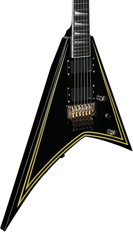 open zoom image for Jackson MJ Rhoads RR24MG Electric Guitar (with Case), Black with Yellow Pinstripes, Full Left Front