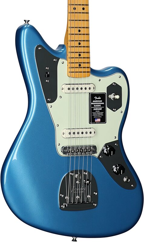 open zoom image for Fender American Professional Classic Jaguar Electric Guitar, Maple Fingerboard (with Gig Bag), Lake Placid Blue, Full Left Front