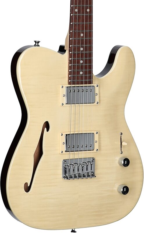 open zoom image for Michael Kelly 58 Thinline Electric Guitar, Natural, Flame Maple Top, Full Left Front