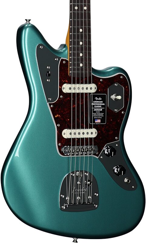 open zoom image for Fender American Professional Classic Jaguar Electric Guitar, Rosewood Fingerboard (with Gig Bag), Sherwood Green, Open Box (Very Good), Full Left Front