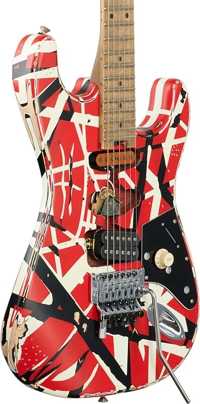 open zoom image for EVH Eddie Van Halen Striped Series Frankenstein "Frankie" Electric Guitar, Red, White, and Black, Full Left Front