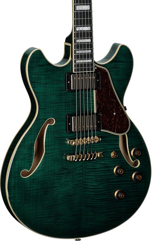 open zoom image for Ibanez Artcore Expressionist AS93FM Semi-Hollowbody Electric Guitar, Transparent Moss, Full Left Front