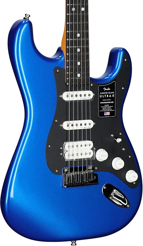 open zoom image for Fender American Ultra II Stratocaster HSS Electric Guitar, Ebony Fingerboard (with Case), Noble Blue, Full Left Front