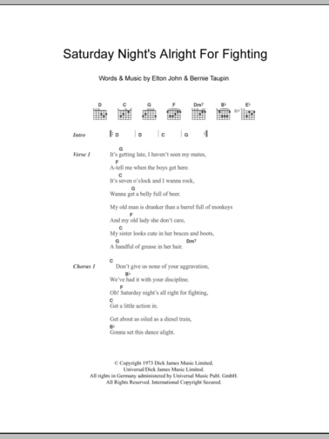 Saturday Night's Alright (For Fighting) Sheet Music, Elton John