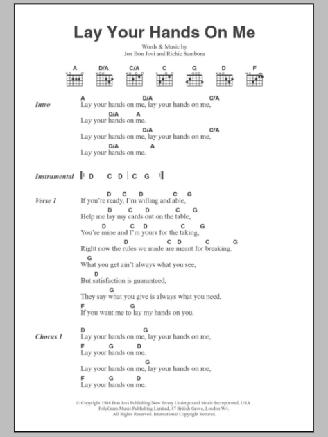 Lay Your Hands On Me Guitar Chordslyrics Zzounds