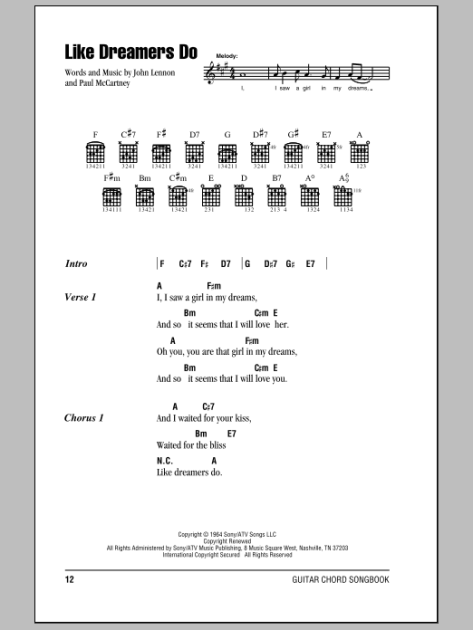 Like Dreamers Do Guitar Chordslyrics Zzounds 4254