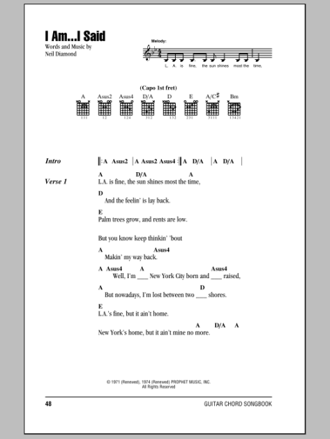 Play Me Sheet Music | Neil Diamond | Guitar Chords/Lyrics