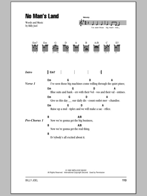 No Man's Land - Guitar Chords/Lyrics | zZounds