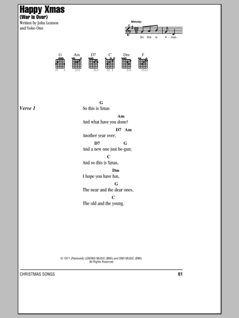 Happy Xmas (War Is Over) - Guitar Chords/Lyrics | zZounds