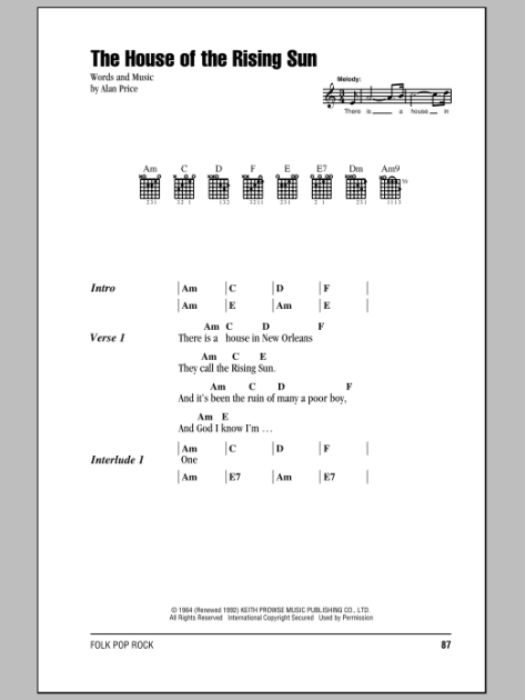 The House Of The Rising Sun - Guitar Chords/Lyrics