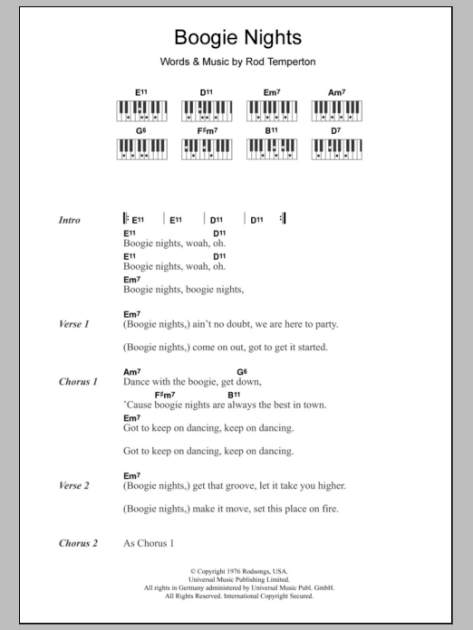 Boogie Nights Piano Chords Lyrics zZounds