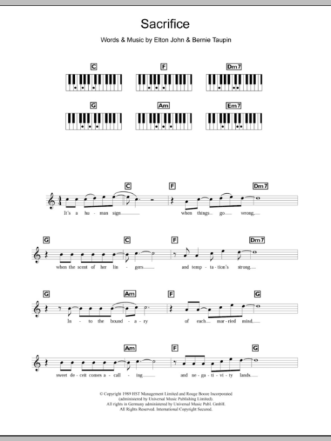 Sacrifice (Piano Chords/Lyrics) - Print Sheet Music Now