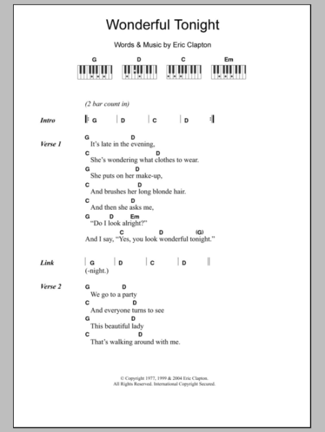 Wonderful Tonight Sheet Music | Eric Clapton | Guitar Chords/Lyrics