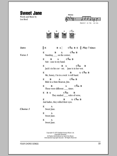 Sweet Jane - Guitar Chords/Lyrics | zZounds