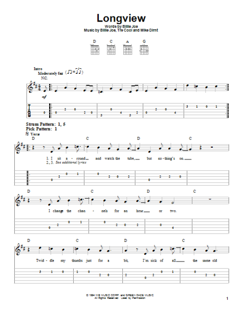 Green Day Longview Bass Tab in E Major - Download & Print - SKU