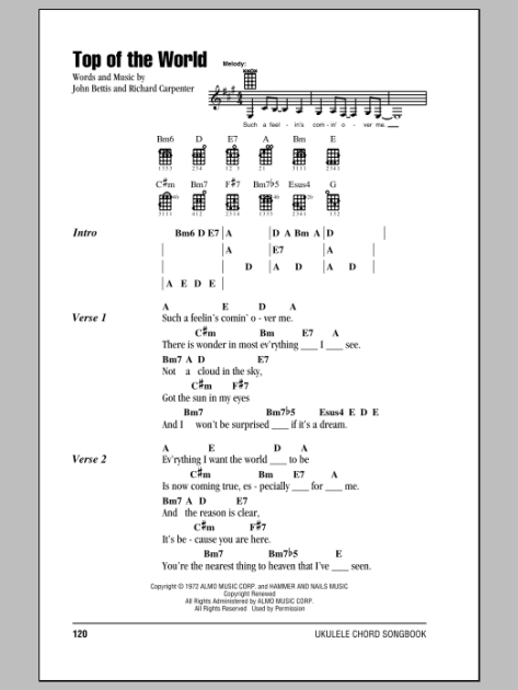 Top Of The World Sheet Music | The Carpenters | Ukulele Chords/Lyrics