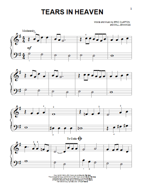 Eric Clapton Tears in Heaven Sheet Music in A Major