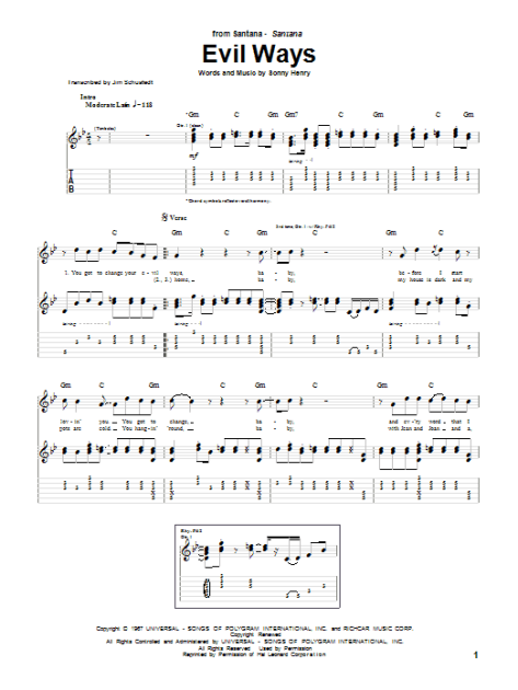 Evil Ways - Guitar TAB | zZounds