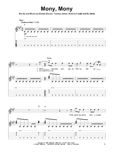 Mony Mony Guitar Tab Play Along Zzounds 3703