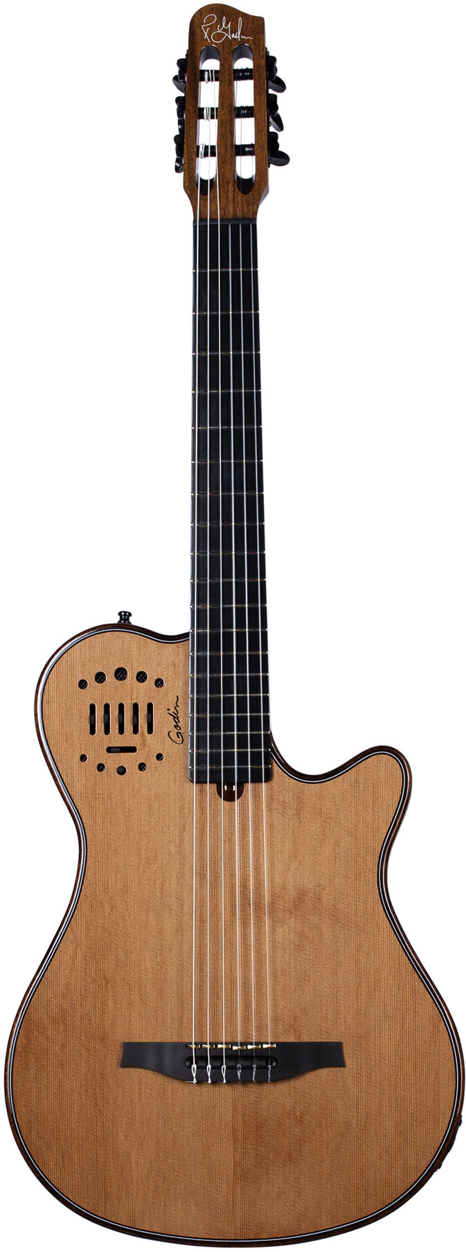 Godin Multiac Grand Concert Deluxe Classical Acoustic-Electric Guitar (with Gig Bag), Mahogany, Action Position Back