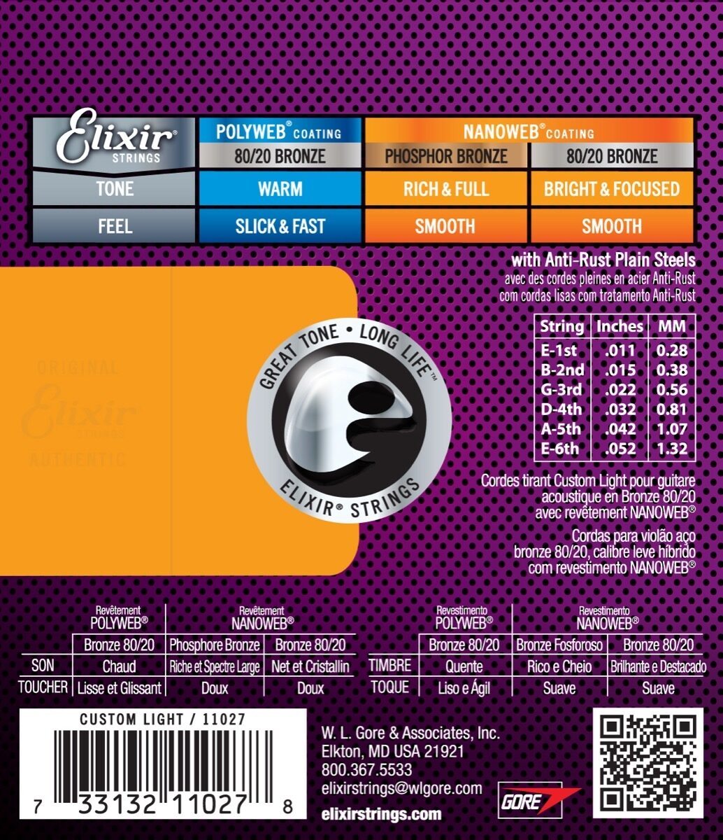 Elixir Nanoweb Acoustic Guitar Strings, 11-52, 11027, Custom Light, view