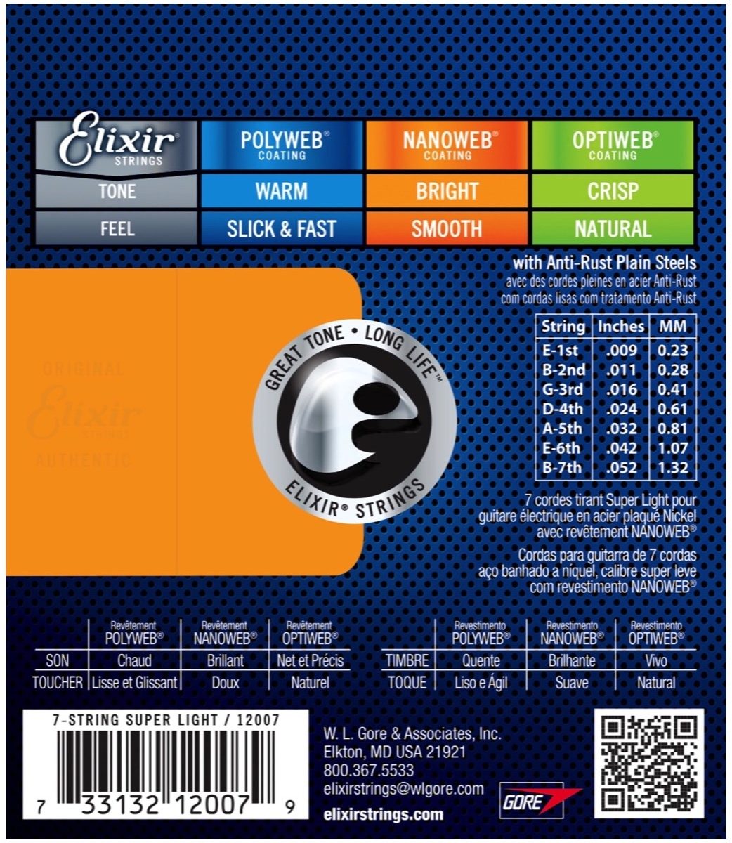 Elixir Nanoweb 7-String Electric Guitar Strings, 9-52, Super Light, View