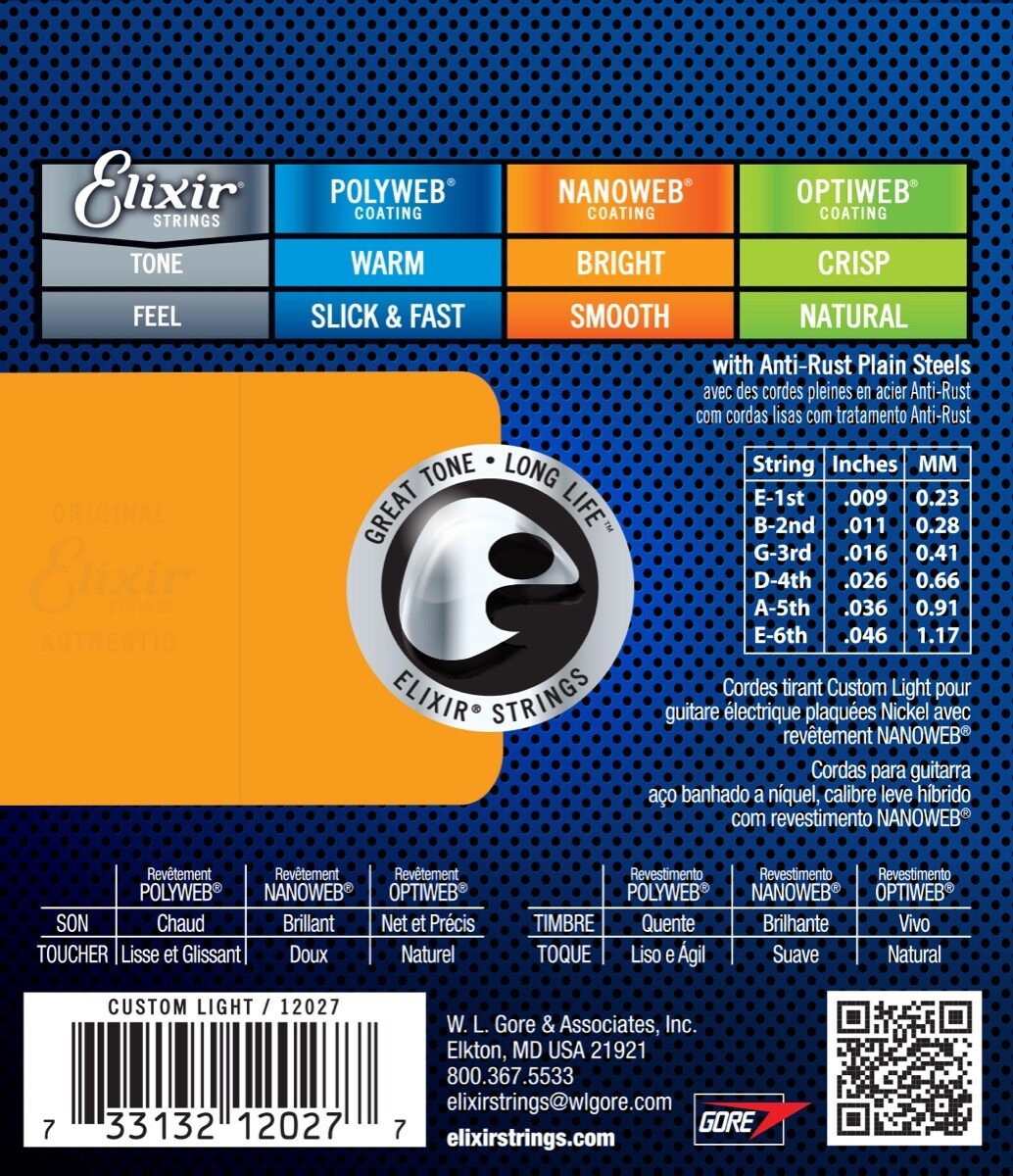 Elixir Nanoweb Electric Guitar Strings, 9-46, 12027, Custom Light, view