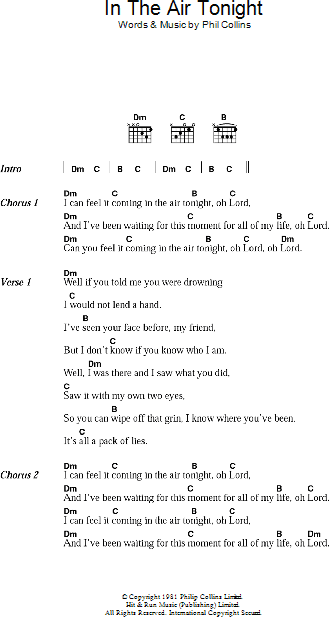 In The Air Tonight Sheet Music, Phil Collins