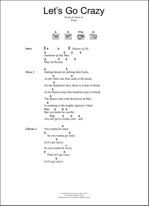 Let's Go Crazy - Guitar Chords/Lyrics