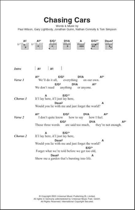 Chasing Cars Sheet Music, Snow Patrol