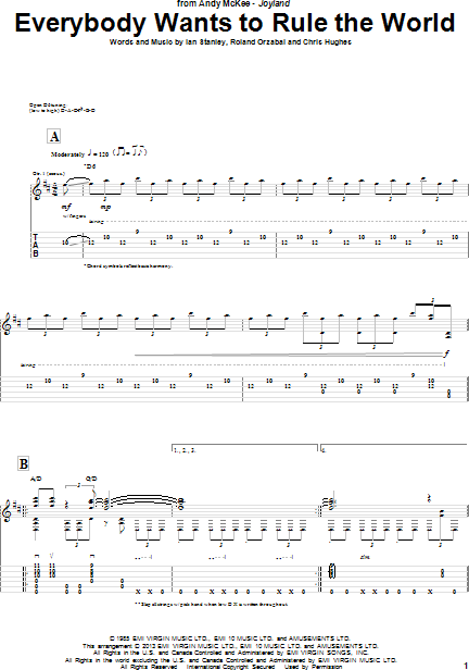 Everybody Wants To Rule The World Chords by Tears For Fearstabs at