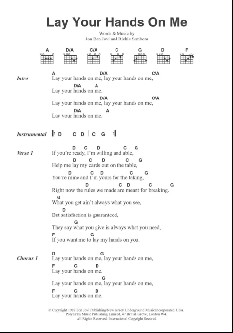 Lay Your Hands On Me Guitar Chords Lyrics Zzounds