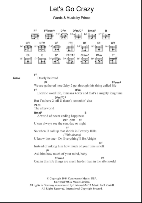 Let's Go Crazy - Guitar Chords/Lyrics | zZounds