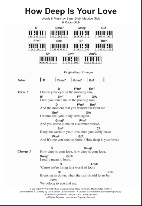 How Deep Is Your Love - Piano Chords/Lyrics | zZounds