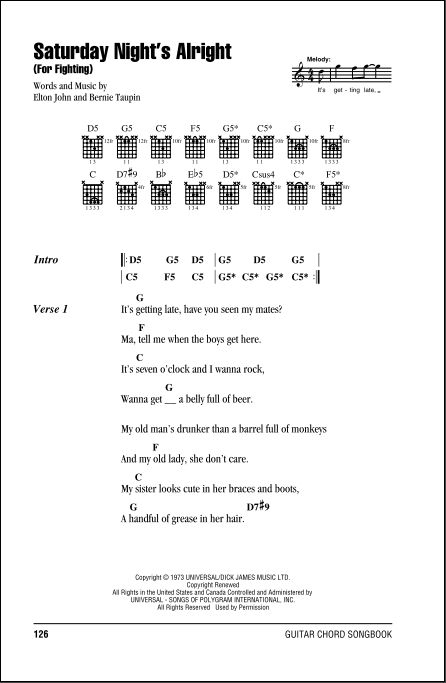 Saturday Night's Alright (For Fighting) Sheet Music, Elton John