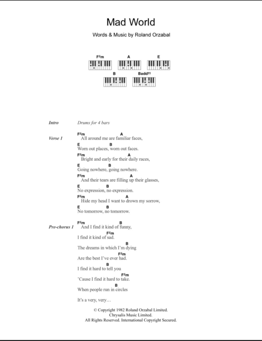 Gary Jules: Mad World sheet music for voice, piano or guitar v2