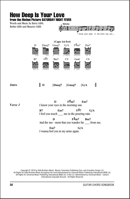 How Deep Is Your Love Guitar Chordslyrics Zzounds 