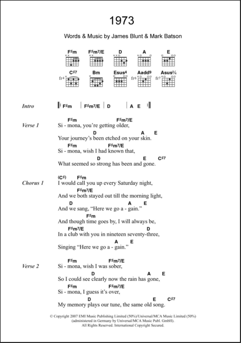 1973 - Guitar Chords/Lyrics | zZounds
