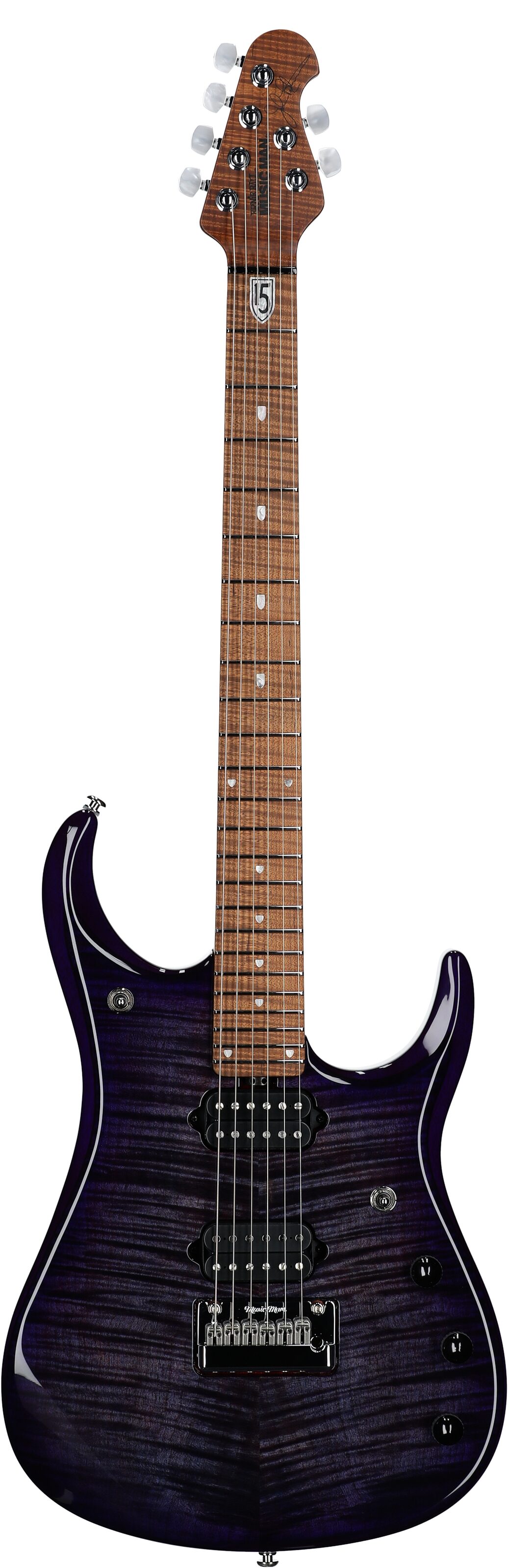 Ernie Ball Music Man John Petrucci JP15 Electric Guitar (with Gig Bag), Purple Nebula Flame, Serial Number H08351, Full Straight Front