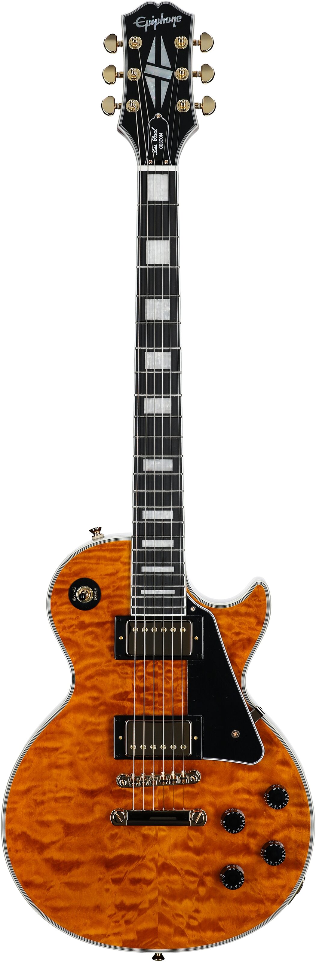 Epiphone Exclusive Les Paul Custom AAA Quilt Top Electric Guitar (with Gig Bag), Transparent Amber, Full Straight Front