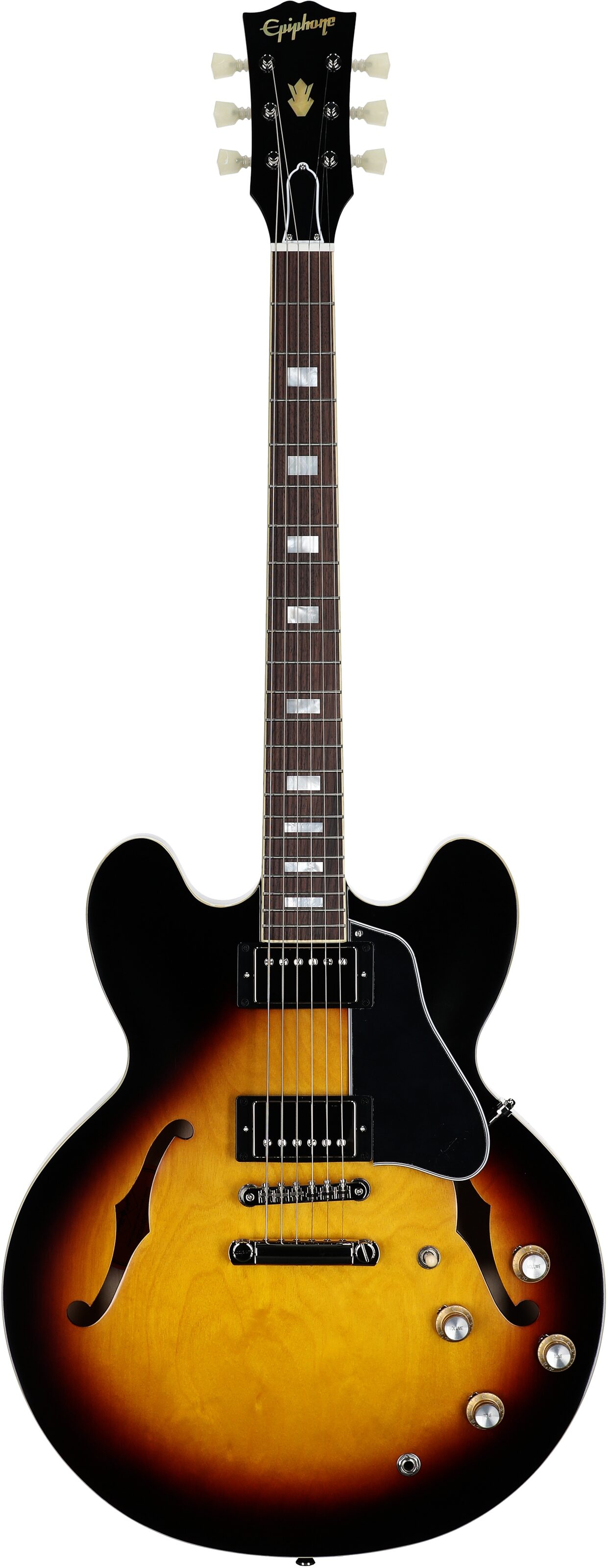 Epiphone Inspired by Gibson Custom 1962 ES-335 Reissue Electric Guitar (with Case), Vintage Burst, Full Straight Front