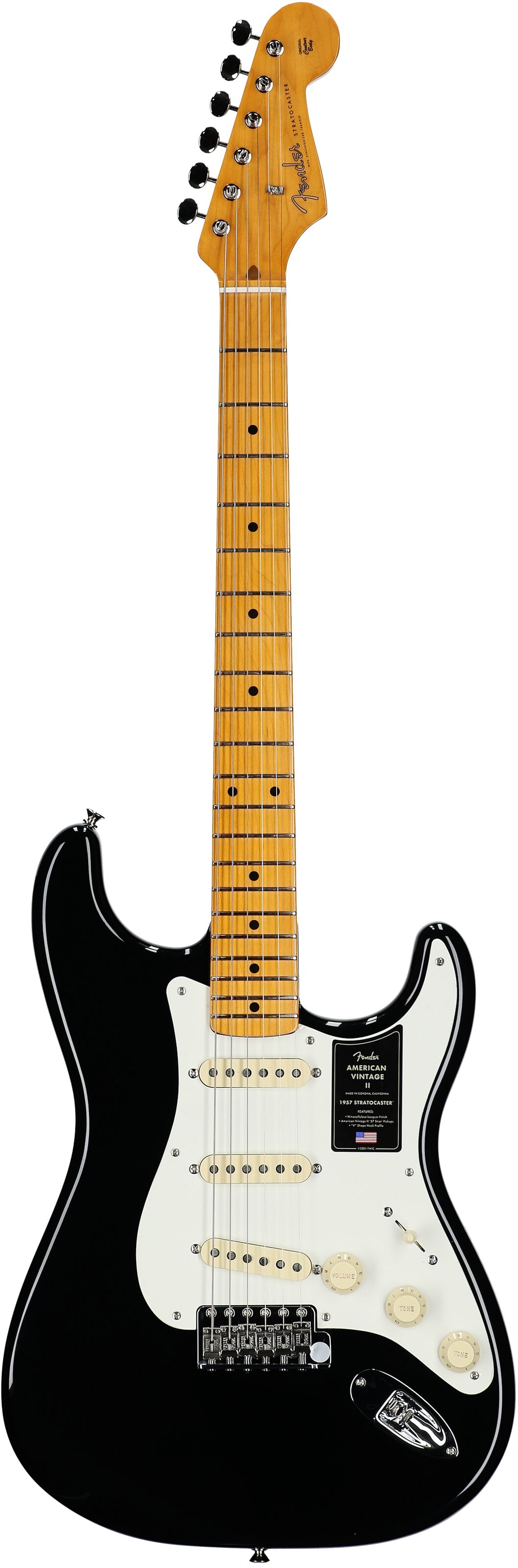 Fender American Vintage II 1957 Stratocaster Electric Guitar, with Maple Fingerboard (and Case), Black, Full Straight Front