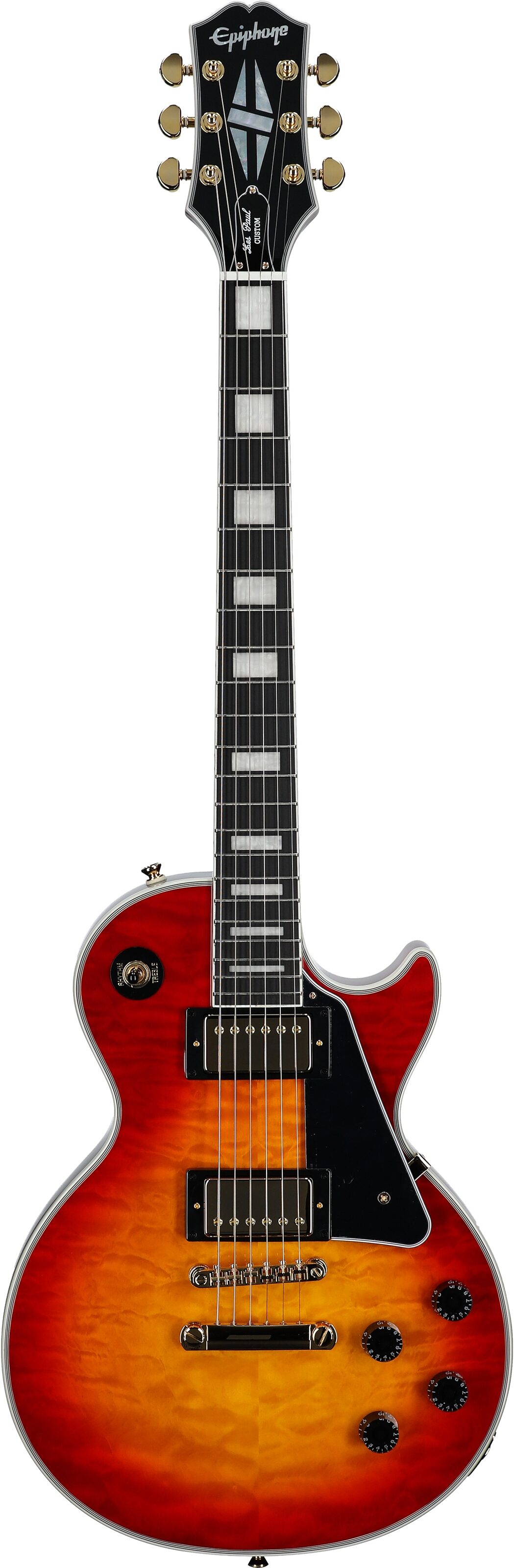 Epiphone Exclusive Les Paul Custom AAA Quilt Top Electric Guitar (with Gig Bag), Heritage Cherry Sunburst, Full Straight Front