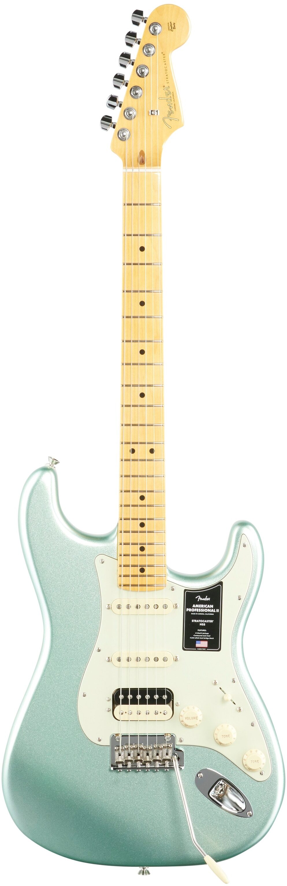 Fender American Pro II HSS Stratocaster Electric Guitar, Maple Fingerboard (with Case), Mystic Surf Green, Full Straight Front